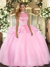 Simple Sleeveless Floor Length Beading and Ruffles Backless Quinceanera Gown with Pink
