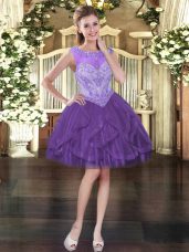 Vintage Sleeveless Tulle Mini Length Lace Up Homecoming Dress in Purple with Beading and Ruffles