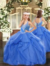 Charming Beading and Ruffles Girls Pageant Dresses Blue Lace Up Sleeveless Floor Length