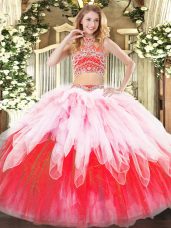 Multi-color Tulle Backless High-neck Sleeveless Floor Length Quince Ball Gowns Beading and Ruffles