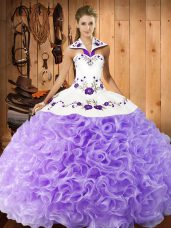 Comfortable Lavender Sweet 16 Quinceanera Dress Military Ball and Sweet 16 and Quinceanera with Embroidery Halter Top Sleeveless Lace Up
