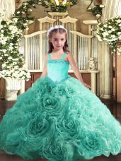 Fashionable Floor Length Turquoise Party Dress Fabric With Rolling Flowers Sleeveless Appliques