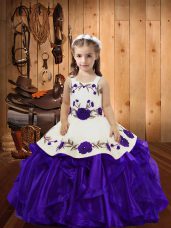 Purple Organza Lace Up Casual Dresses Sleeveless Floor Length Embroidery and Ruffles
