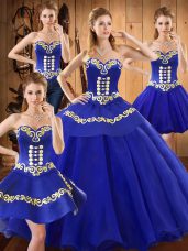 Floor Length Lace Up 15th Birthday Dress Blue for Military Ball and Sweet 16 and Quinceanera with Embroidery