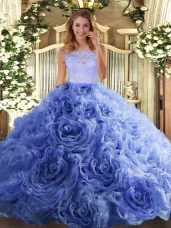 Most Popular Blue Organza and Fabric With Rolling Flowers Zipper Scoop Sleeveless Floor Length 15 Quinceanera Dress Beading and Lace