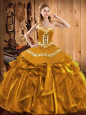 Organza Sweetheart Sleeveless Lace Up Embroidery and Ruffles Ball Gown Prom Dress in Gold