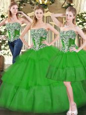 Sleeveless Floor Length Beading and Ruffled Layers Lace Up Sweet 16 Quinceanera Dress with Green