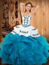 Dazzling Strapless Sleeveless Quinceanera Dress Floor Length Embroidery and Ruffles Teal Satin and Organza