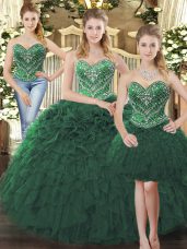 Artistic Dark Green Lace Up 15th Birthday Dress Beading and Ruffles Sleeveless Floor Length