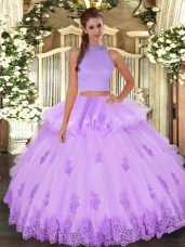 Glorious Lavender Halter Top Backless Beading and Appliques and Ruffles Sweet 16 Dress Sleeveless