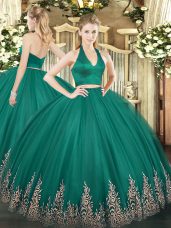 Fabulous Dark Green Halter Top Neckline Appliques Quince Ball Gowns Sleeveless Zipper