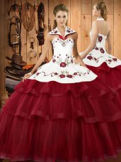 High Class Wine Red Sleeveless Embroidery and Ruffled Layers Lace Up 15 Quinceanera Dress
