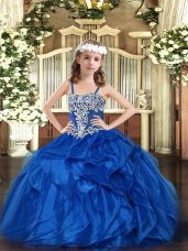 Straps Sleeveless Little Girl Pageant Gowns Floor Length Appliques and Ruffles Blue Organza