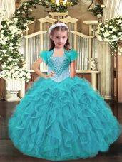 Ruffles Pageant Dress for Womens Aqua Blue Lace Up Sleeveless Floor Length