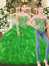 Green Tulle Lace Up Sweetheart Sleeveless Floor Length Quinceanera Dresses Beading and Ruffles