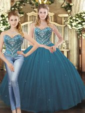 Teal Tulle Lace Up Sweetheart Sleeveless Floor Length 15th Birthday Dress Beading and Ruffles