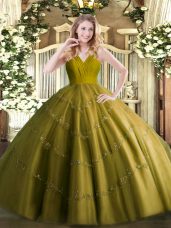 Olive Green Tulle Zipper Quinceanera Dress Sleeveless Floor Length Beading