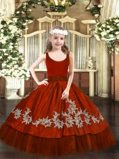 Luxurious Wine Red Ball Gowns Beading and Appliques Little Girls Pageant Dress Zipper Taffeta Sleeveless Floor Length
