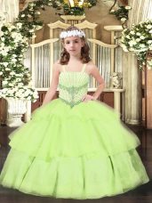 Yellow Green Little Girl Pageant Gowns Party and Quinceanera with Beading and Ruffled Layers Straps Sleeveless Lace Up