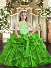 Custom Designed Straps Sleeveless Little Girl Pageant Dress Floor Length Beading and Ruffles Green Organza