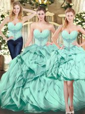 Sleeveless Organza Floor Length Lace Up 15 Quinceanera Dress in Apple Green with Beading and Ruffles