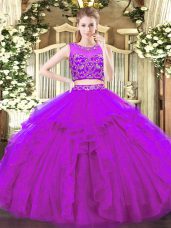 Tulle Sleeveless Floor Length Ball Gown Prom Dress and Beading and Ruffles