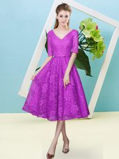 Fuchsia Half Sleeves Tea Length Bowknot Lace Up Quinceanera Dama Dress