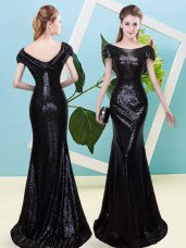Floor Length Zipper Evening Dress Black for Prom and Party with Sequins