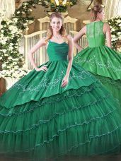 Dark Green Zipper Straps Embroidery and Ruffled Layers Quinceanera Gowns Organza and Taffeta Sleeveless