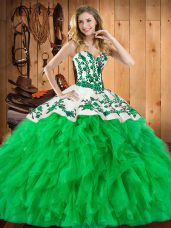 Classical Green Ball Gowns Satin and Organza Sweetheart Sleeveless Embroidery and Ruffles Floor Length Lace Up 15 Quinceanera Dress
