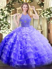 Superior Lavender Ball Gowns Halter Top Sleeveless Organza Floor Length Zipper Beading and Ruffled Layers Quince Ball Gowns