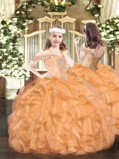 Custom Design Floor Length Ball Gowns Sleeveless Orange Kids Pageant Dress Lace Up