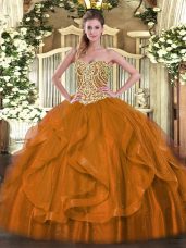 Sleeveless Organza Floor Length Lace Up Sweet 16 Dresses in Rust Red with Beading and Ruffles