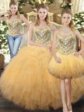 Exquisite Champagne Lace Up Sweetheart Beading and Ruffles 15 Quinceanera Dress Tulle Sleeveless