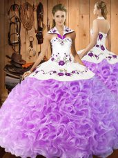 Floor Length Lace Up Ball Gown Prom Dress Lilac for Military Ball and Sweet 16 and Quinceanera with Embroidery