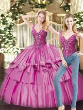 V-neck Sleeveless Lace Up Quinceanera Dresses Fuchsia Organza