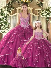 Fuchsia Sleeveless Beading and Ruffles Floor Length Quinceanera Dress