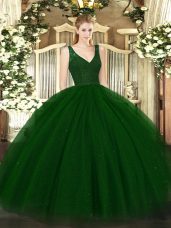 Sexy Tulle V-neck Sleeveless Backless Beading and Lace 15th Birthday Dress in Dark Green
