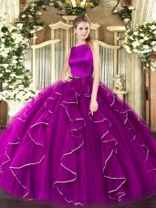 Eye-catching Scoop Sleeveless Quinceanera Gowns Floor Length Ruffles Fuchsia Organza