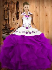 Floor Length Purple Sweet 16 Dress Halter Top Sleeveless Lace Up