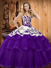 Elegant Sleeveless Embroidery Lace Up 15th Birthday Dress with Purple Sweep Train
