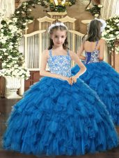 Beauteous Beading and Ruffles Girls Pageant Dresses Blue Lace Up Sleeveless Floor Length