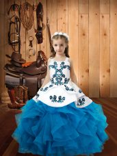 Latest Baby Blue Ball Gowns Embroidery and Ruffles Winning Pageant Gowns Lace Up Organza Sleeveless Floor Length