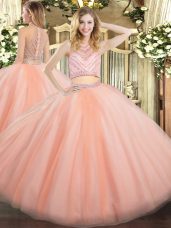 Peach Two Pieces High-neck Sleeveless Tulle Floor Length Zipper Beading Quinceanera Dress