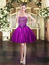 Fashionable Sleeveless Satin Mini Length Lace Up Prom Dresses in Purple with Beading