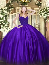 High End Purple V-neck Neckline Beading and Lace 15 Quinceanera Dress Sleeveless Backless