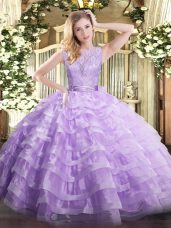 Scoop Sleeveless Quinceanera Gowns Floor Length Lace and Ruffled Layers Lavender Organza