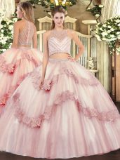 Baby Pink Sleeveless Tulle Zipper Quince Ball Gowns for Military Ball and Sweet 16 and Quinceanera