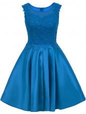 Exquisite Blue Satin Zipper Bridesmaid Dress Sleeveless Mini Length Lace