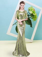 Artistic Mermaid Yellow Green Scoop Sequined Half Sleeves Floor Length Zipper